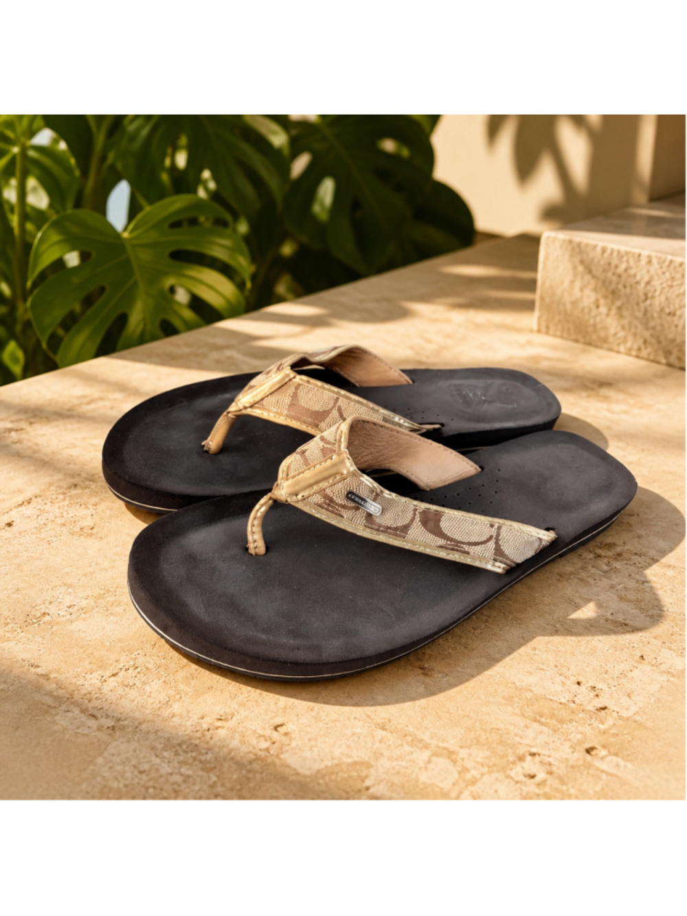 Coach Jaye Flip Flop Sandals Brown Gold Size 9.5